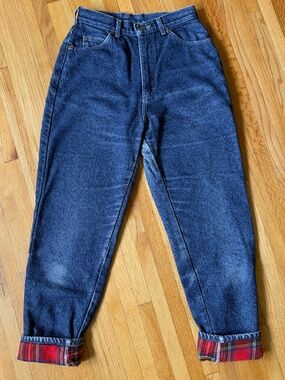 VINTAGE ACID-WASH FLANNEL-LINED JEANS — DARK BLUE RELAXED STRAIGHT LEG PLAID